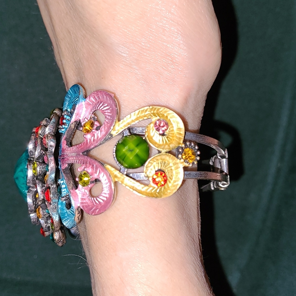 VTG Mardi Gras Mermaid SDLZ Cuff Bracelet Art Deco Floral Rainbow Wrist Clamper - Picture 3 of 12